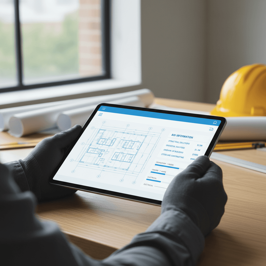 Hand holding a phone with a construction planning app in a renovation site