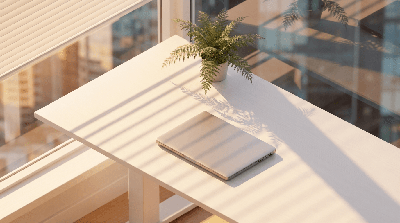 Modern workspace with laptop and blueprints for AI consultation