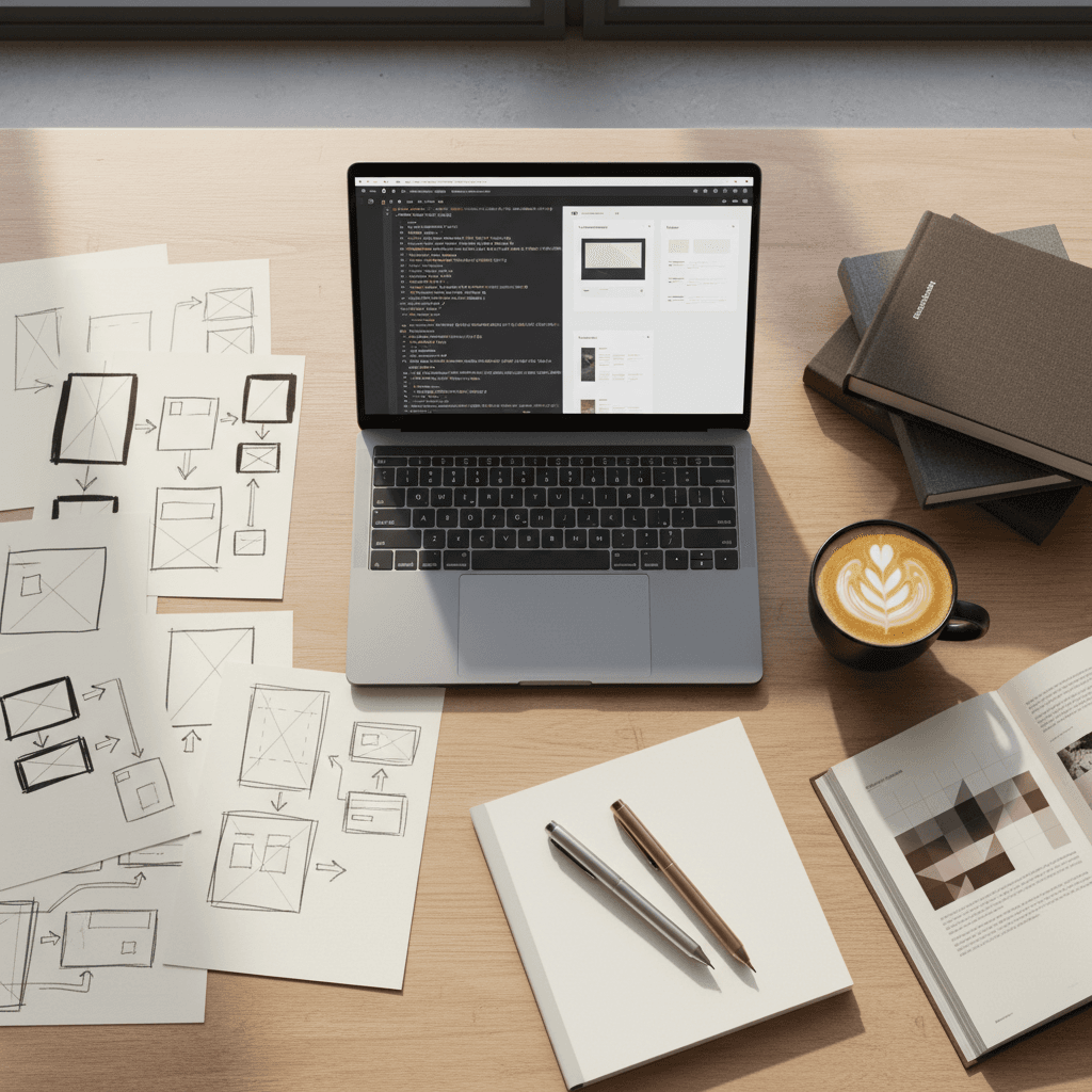 Project diagram on a glass desk with drafting tools