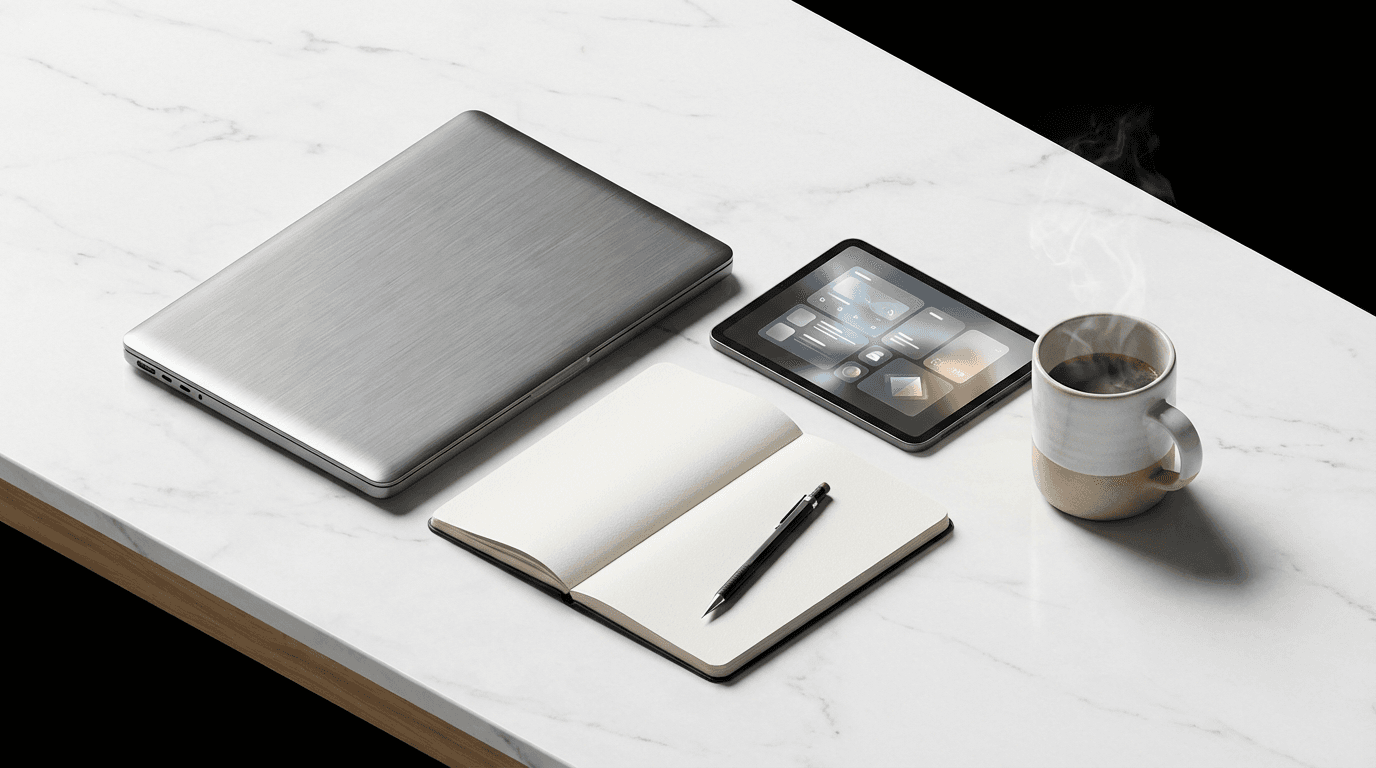 Tablet on a contractor workspace with blueprints and tools