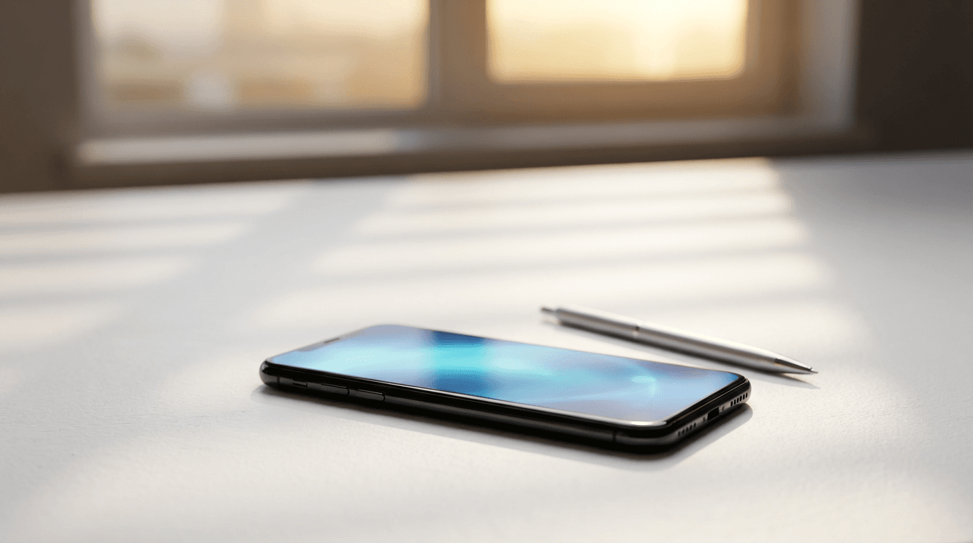 Smartphone with a clean digital interface in a modern workspace