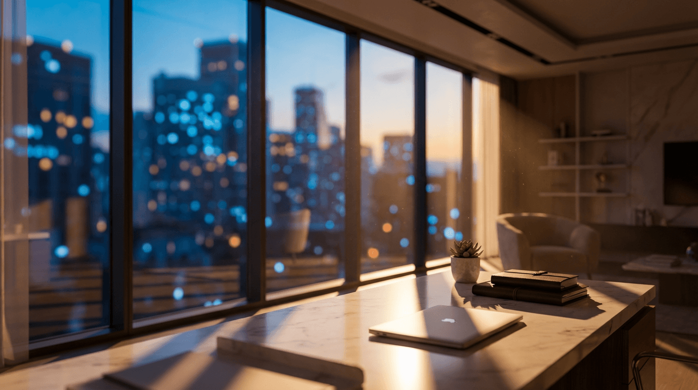 A modern, dark-toned office with a laptop on a desk, city lights visible through large windows