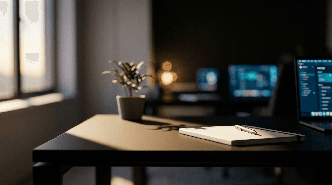 Modern office desk with a monitor displaying data visualizations